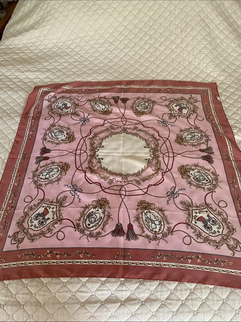 Rose Pink Satin Medallion Print Scarf Also Headband, Neck, Belt Wear